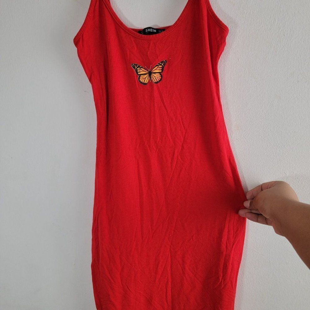 Shein Womens Red Butterfly Spaghetti Strap Scoop Neck Bodycon Dress Size Small
